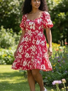 Red Floral Puff-Sleeve Dress - Women's Summer Dress